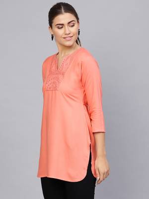 Peach plain rayon embroidered-kurtis 3