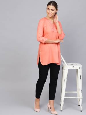 Peach plain rayon embroidered-kurtis 4