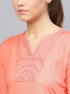 Peach plain rayon embroidered-kurtis 5