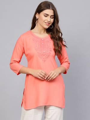Peach plain rayon embroidered-kurtis 1