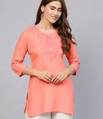 Peach plain rayon embroidered-kurtis