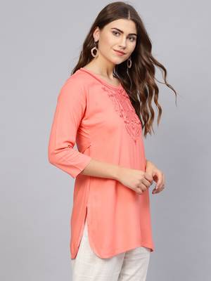 Peach plain rayon embroidered-kurtis 3