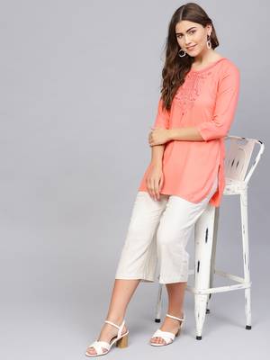 Peach plain rayon embroidered-kurtis 4