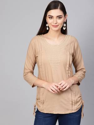 Beige plain rayon embroidered-kurtis 1