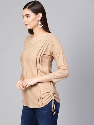 Beige plain rayon embroidered-kurtis 3