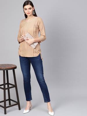 Beige plain rayon embroidered-kurtis 4