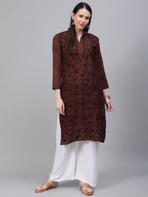 Brown embroidered cotton embroidered-kurtis 1