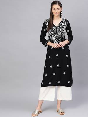 Black hand woven rayon chikankari-kurtis 1