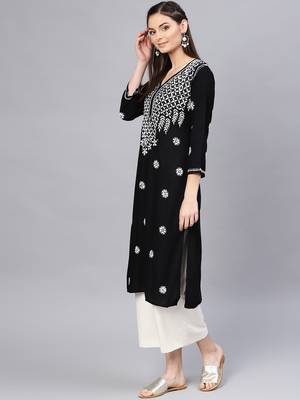Black hand woven rayon chikankari-kurtis 3