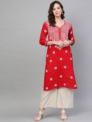 Red hand woven rayon chikankari-kurtis 1