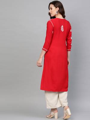 Red hand woven rayon chikankari-kurtis 2