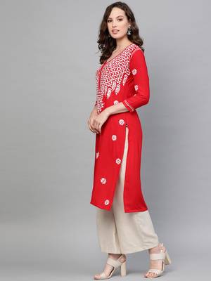 Red hand woven rayon chikankari-kurtis 3