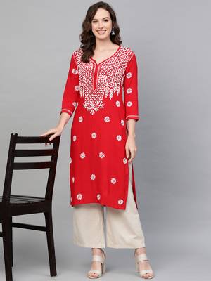 Red hand woven rayon chikankari-kurtis 4