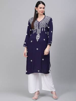 Navy-blue hand woven rayon chikankari-kurtis 1
