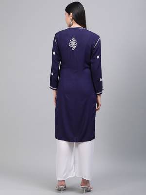 Navy-blue hand woven rayon chikankari-kurtis 2