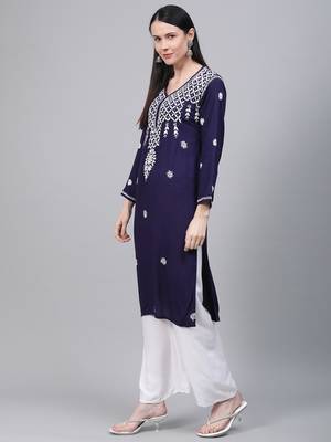 Navy-blue hand woven rayon chikankari-kurtis 3