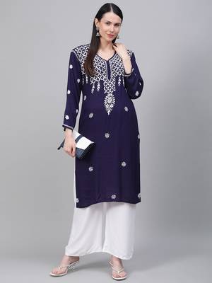 Navy-blue hand woven rayon chikankari-kurtis 4