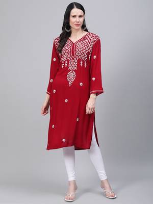Maroon hand woven rayon chikankari-kurtis 1