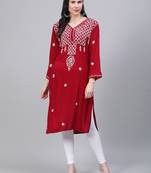 Maroon hand woven rayon chikankari-kurtis
