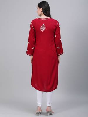 Maroon hand woven rayon chikankari-kurtis 2
