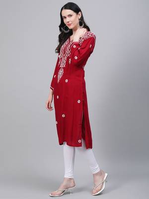 Maroon hand woven rayon chikankari-kurtis 3