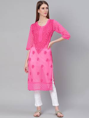 Magenta hand woven art silk chikankari-kurtis 1