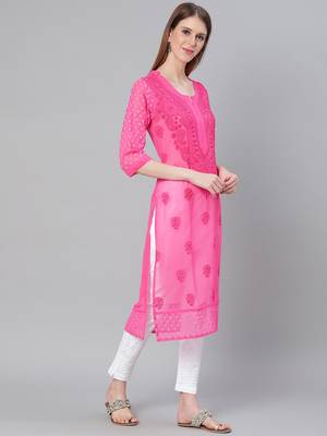 Magenta hand woven art silk chikankari-kurtis 3