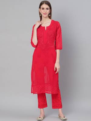Red hand woven art silk chikankari-kurtis 1