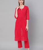Red hand woven art silk chikankari-kurtis