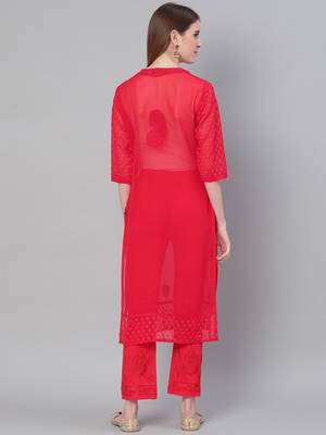 Red hand woven art silk chikankari-kurtis 2