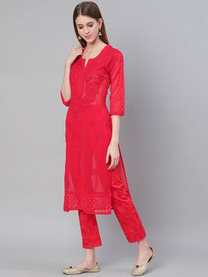 Red hand woven art silk chikankari-kurtis 3