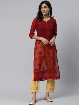 Maroon hand woven art silk chikankari-kurtis 1