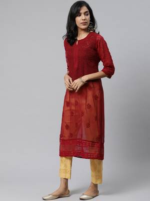 Maroon hand woven art silk chikankari-kurtis 3