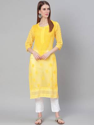 Yellow hand woven art silk chikankari-kurtis 1