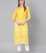 Yellow hand woven art silk chikankari-kurtis