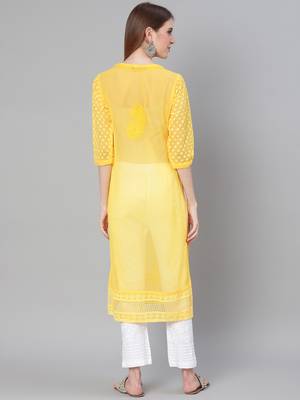 Yellow hand woven art silk chikankari-kurtis 2