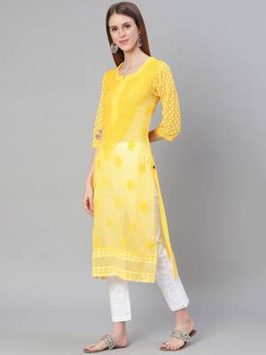 Yellow hand woven art silk chikankari-kurtis 3