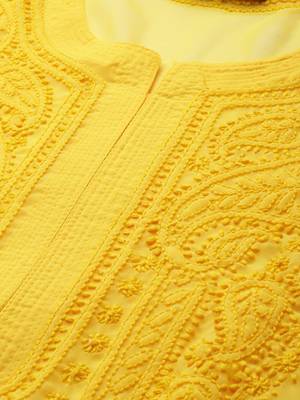 Yellow hand woven art silk chikankari-kurtis 4