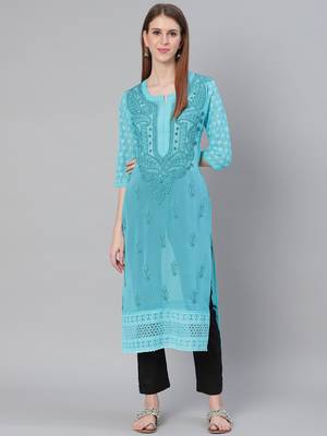 Turquoise hand woven art silk chikankari-kurtis 1