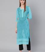 Turquoise hand woven art silk chikankari-kurtis