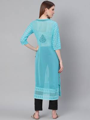 Turquoise hand woven art silk chikankari-kurtis 2