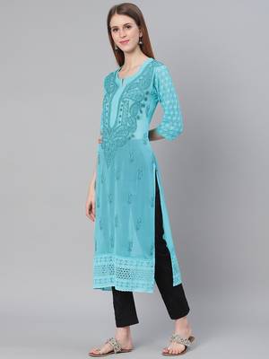 Turquoise hand woven art silk chikankari-kurtis 3