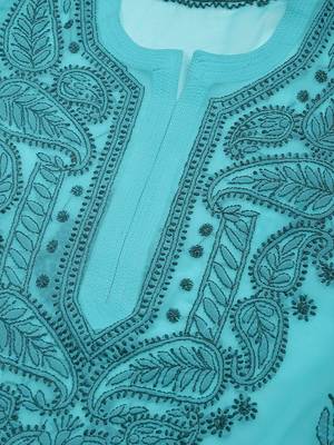 Turquoise hand woven art silk chikankari-kurtis 4