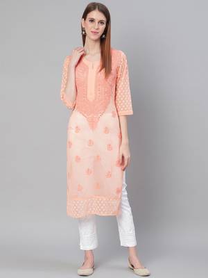 Peach hand woven art silk chikankari-kurtis 1