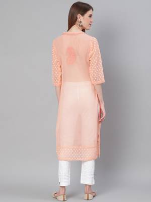 Peach hand woven art silk chikankari-kurtis 2