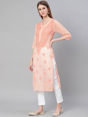 Peach hand woven art silk chikankari-kurtis 3