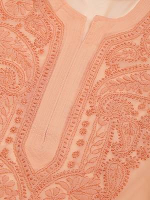 Peach hand woven art silk chikankari-kurtis 5