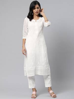 White hand woven art silk chikankari-kurtis 1