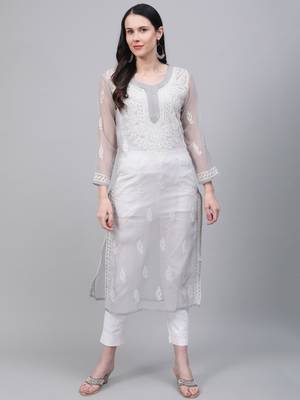 Grey hand woven art silk chikankari-kurtis 1