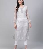Grey hand woven art silk chikankari-kurtis